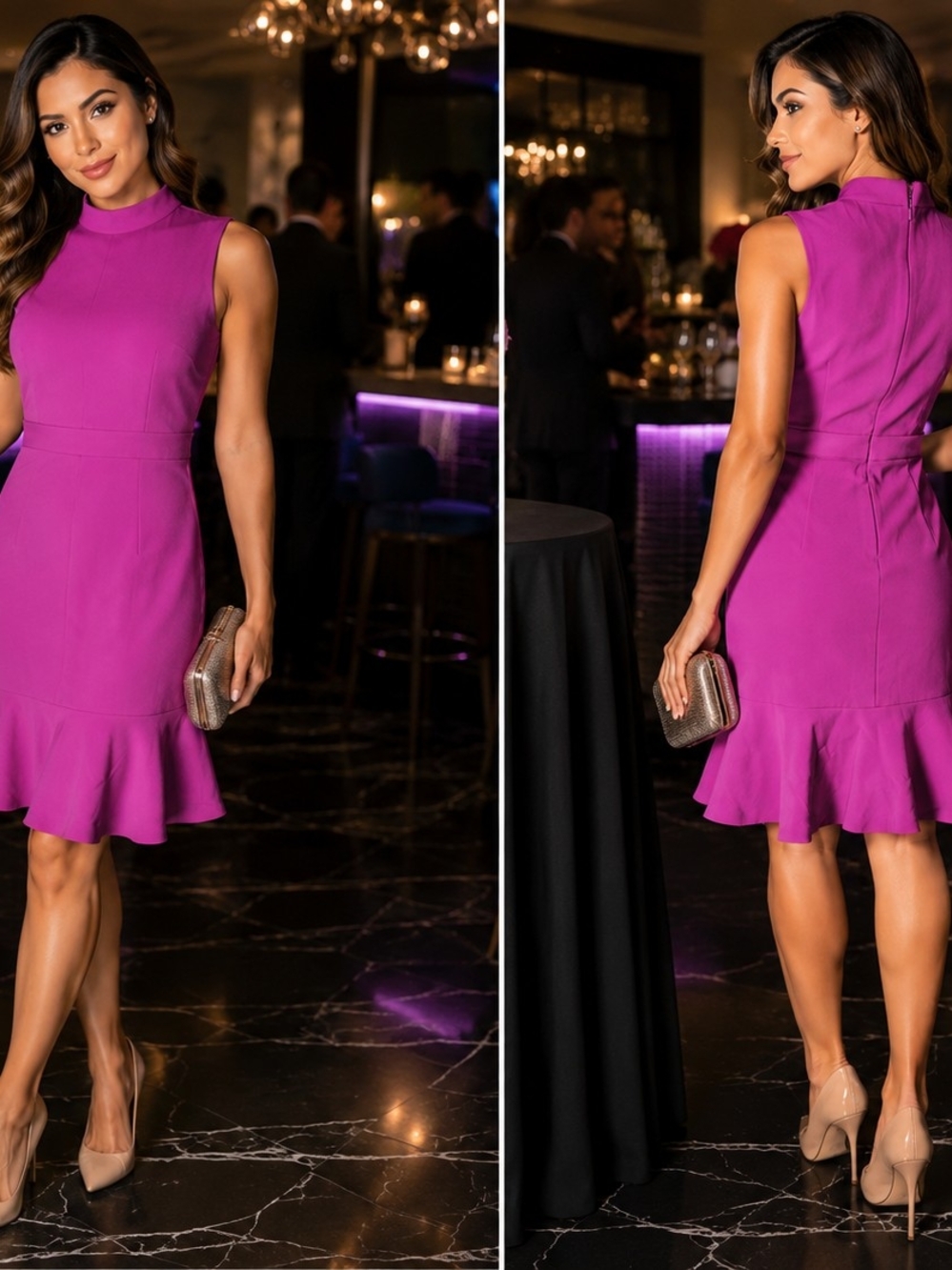 Ann Taylor Fuchsia Mock-Neck Ruffle-Hem Mini Dress
